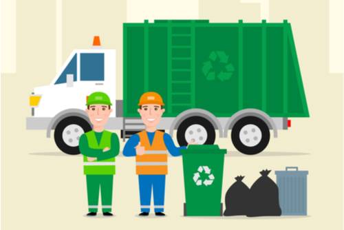 Recycling truck and bin men alongside bins