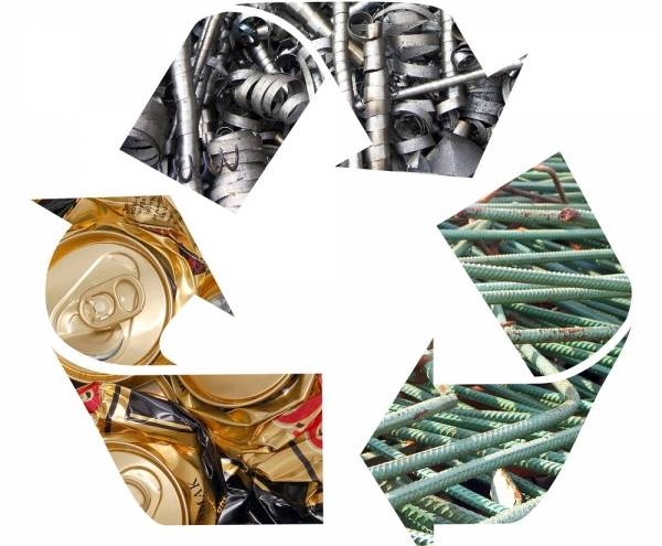 Recycling logo with a materials in the background