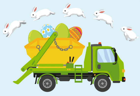 Spring Essentials DP Skip Hire- cartoon skip filled with easter eggs and bunnies