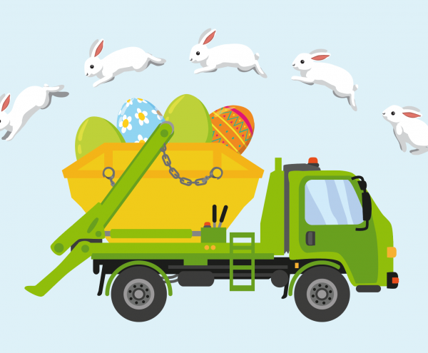 Spring Essentials DP Skip Hire- cartoon skip filled with easter eggs and bunnies