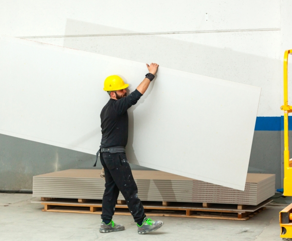skip hire - plasterboard being carried by a worker